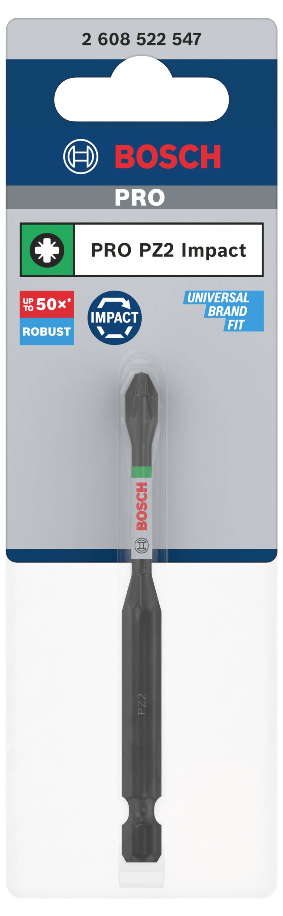 'Bosch PRO PZ2 Impact' Bohrer, robust mit hoher Haltbarkeit, geeignet für universelle Marken. Verpackung zeigt Produkt und Beschriftung.