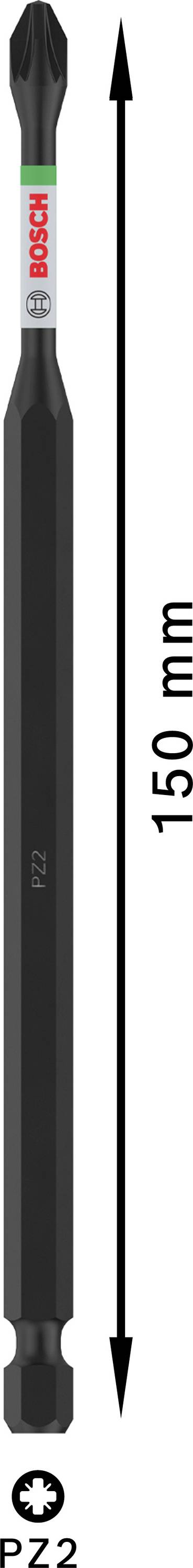Schraubendrehereinsatz mit Länge 150 mm; schwarzes Finish; Pfeile zeigen Länge an; Markierung: PZ 2.