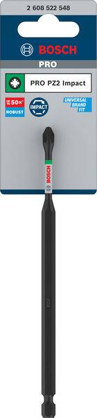 Ein Bosch PRO PZ2 Impact Schraubendreherbit in seiner Verpackung. Geeignet für den Einsatz mit Elektrowerkzeugen.