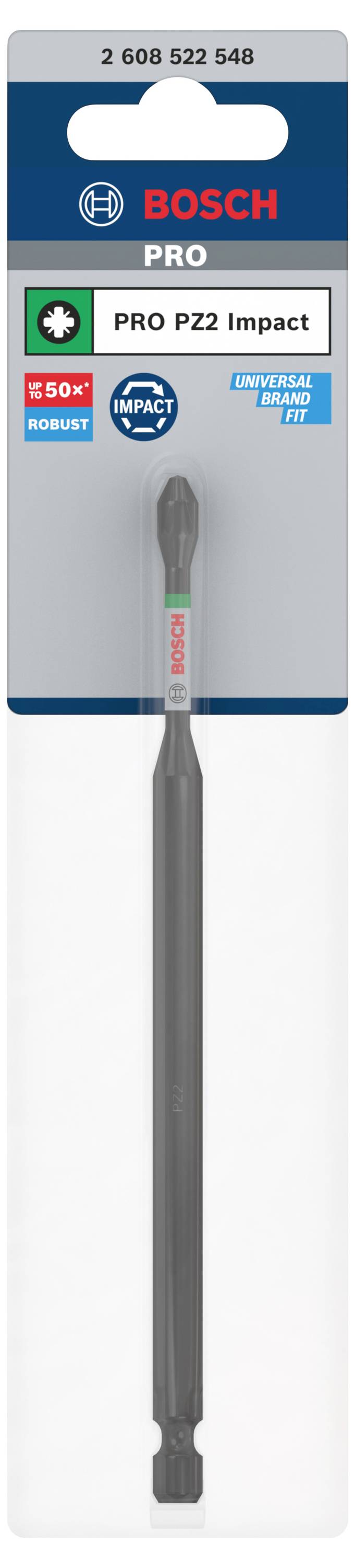 Ein Schraubendreherbit von Bosch, Modell 'PRO PZ2 Impact', verpackt in einer Blisterverpackung. Geeignet für starken Einsatz.