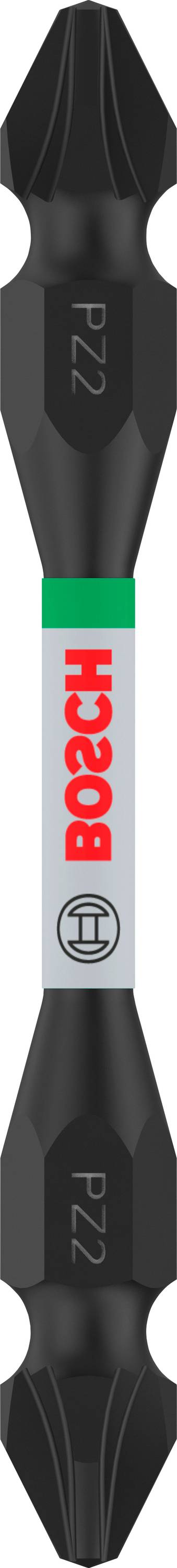 'Bosch'-Schrauberbit, doppelseitig, mit 'PZ2' an beiden Enden. Schwarz und grau, mit rotem Logo in der Mitte.