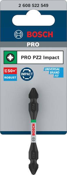 'Bosch Pro PZ2 Impact' Schraubendreherbit in Verpackung. Hervorgehobene Merkmale: robust, universell kompatibel.