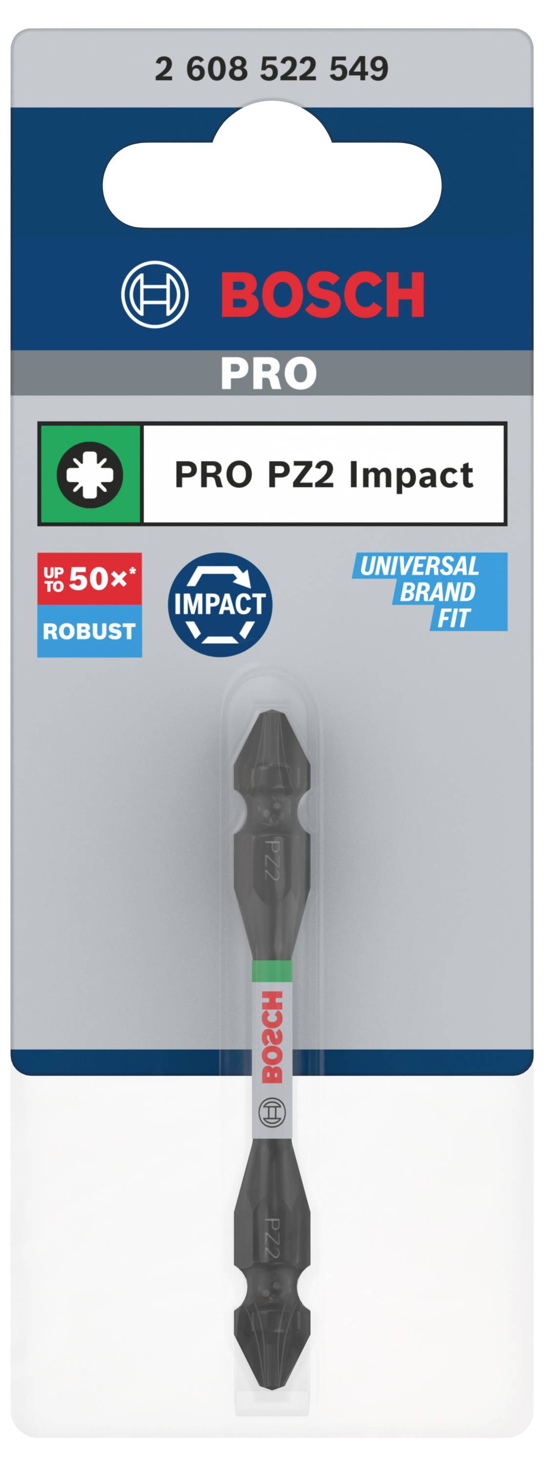 'Bosch PRO PZ2 Impact' Schrauberbit in Verpackung. Robustes Design, passt universell. Maximale Haltbarkeit unter intensiver Nutzung.