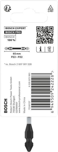 Verpackung eines 65 mm Bosch Pro Schraub-Bits PZ2, passend für Bosch. Enthält Strichcode und Recyclinginformationen. Made in China.