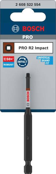 Schrauberbit von Bosch, Typ PRO R2 Impact, präsentiert auf einer Verpackung. Enthält Hinweise zu Robustheit und Universalität.