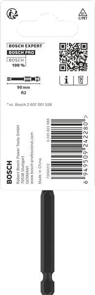 Schraubendreher-Bit von Bosch, 90 mm Länge, R2-Typ. Verpackung zeigt Marke, Produktdetails, QR-Code und Sicherheitsinformationen.