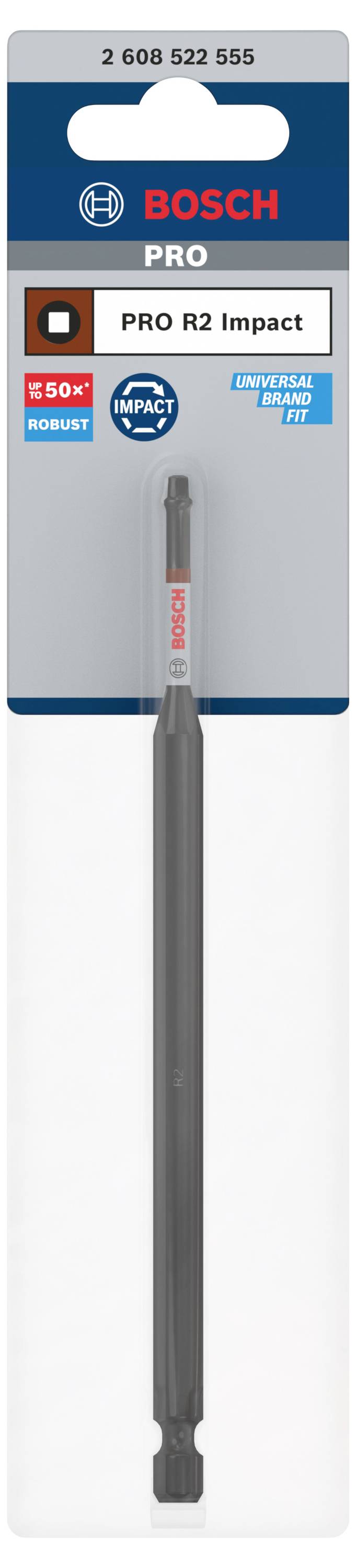 Verpackung eines Bosch PRO R2 Impact Bits. Text: '250x robust', 'Extra Hart', 'PRO R2 Impact'.