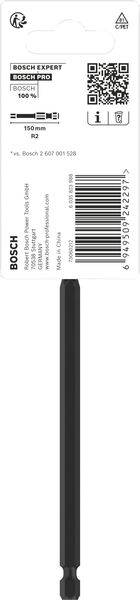 Verpackung eines Bosch Expert Schrauberbits mit Aufschrift '150 mm starre Verbindung'. Produktcode und Barcode sind sichtbar.