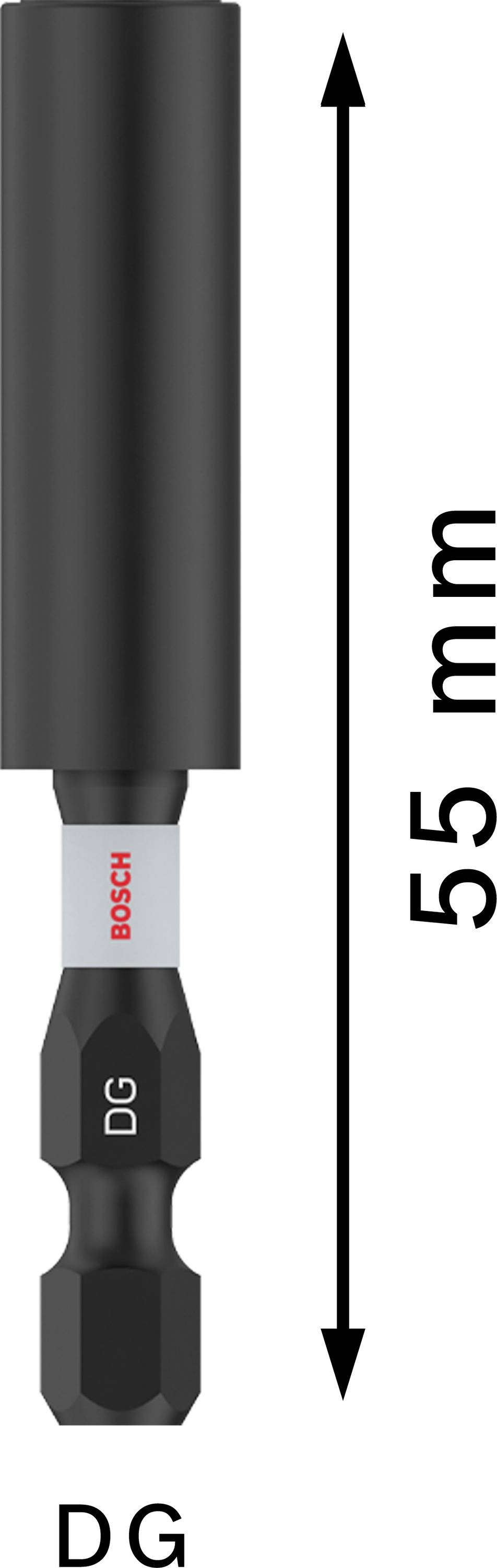 'Bosch DG Bit', schwarzes Sechskant-Bit, 55 mm Länge, mit Laserbeschriftung 'DG' und 'BOSCH' in Rot, zeigt Pfeil mit Länge.