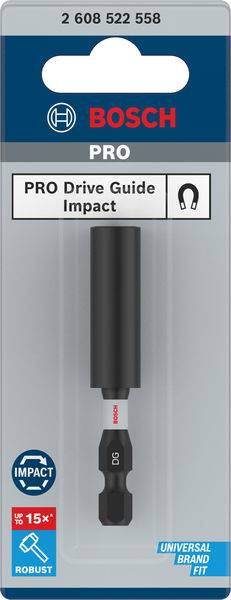 Verpackung eines Bosch PRO Drive Guide Impact Bits mit robustem Design, universell passend. Ideal für starke Anwendungen.