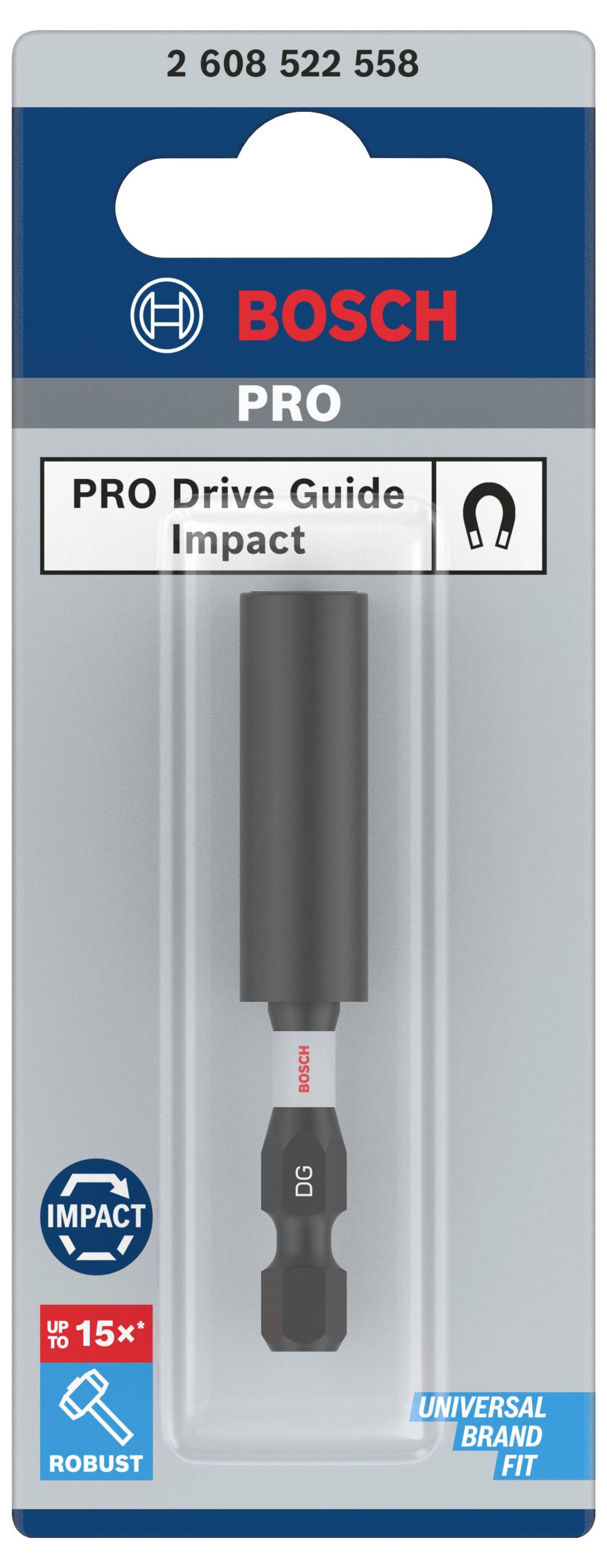 'Bosch PRO Drive Guide Impact' Bitverlängerung in Verpackung. Geeignet für universelle Marken, robust, bis zu 15-mal längere Lebensdauer.
