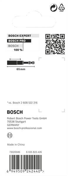 'Bosch Expert'-Verpackung; QR-Code; Illustrationen zeigen Produkteigenschaften; Adresse: Robert Bosch Power Tools GmbH, Stuttgart, Deutschland.