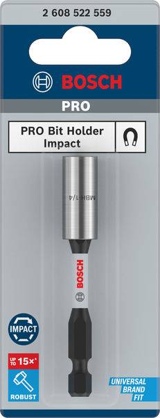 'Bosch PRO Bit Holder Impact' in Verpackung, geeignet für verschiedene Bitmarken, robust und für hohe Belastung ausgelegt.