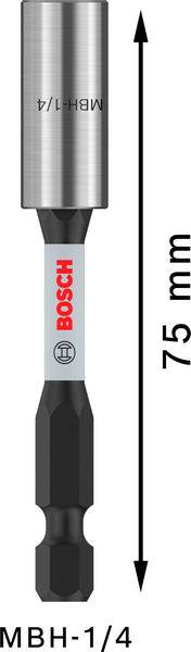 'Bosch MBH-1/4' Magnetischer Bithalter, mit einer Länge von 75 mm, zeigt Richtungspfeil für Größe.