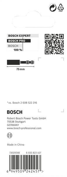 Etikett einer Bosch-Verpackung mit QR-Code, Strichcode und Kontaktinformationen der Robert Bosch Power Tools GmbH in Stuttgart.