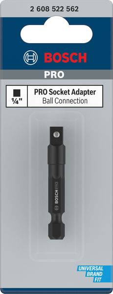 'Bosch PRO Socket Adapter', 1/4 Zoll, mit Kugelverbindung. Verpackung zeigt den Adapter, geeignet für Universal Brand Fit.