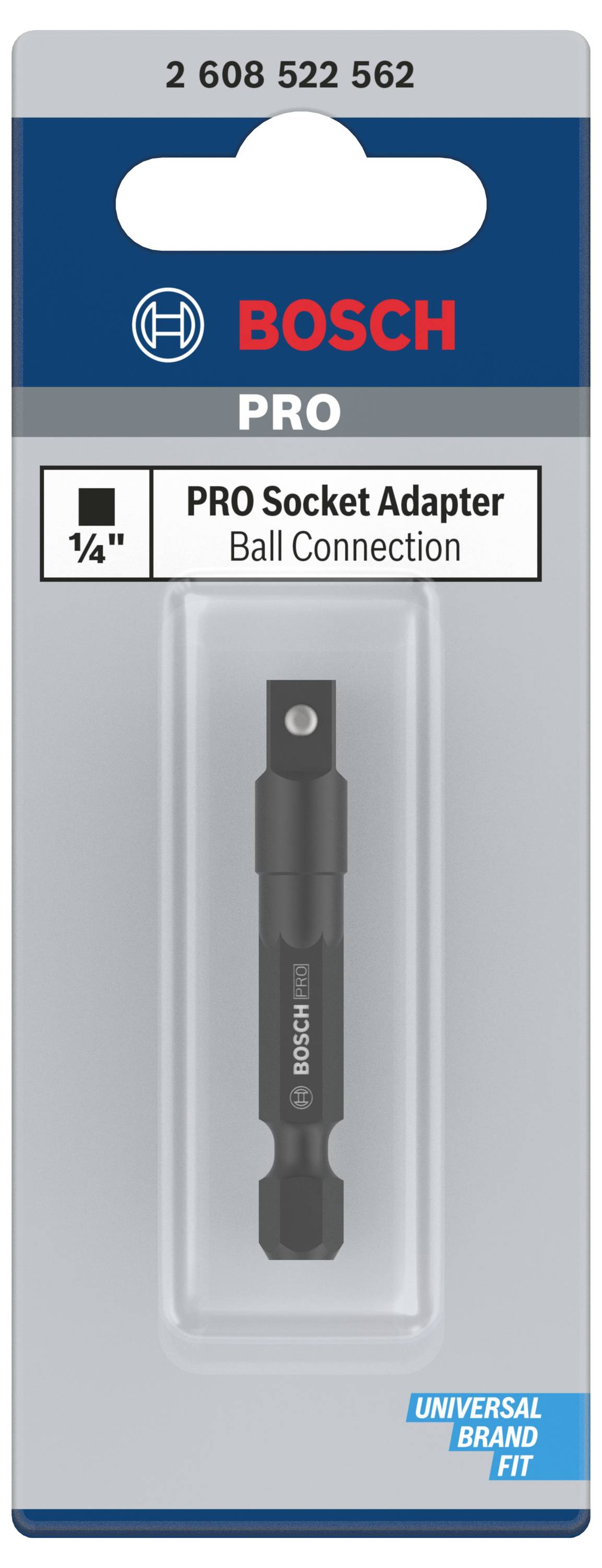 'Bosch PRO Steckadapter mit Kugelverbindung, 1/4 Zoll.' Verwendet für die Verbindung von Werkzeugen. In blau-weißer Verpackung.
