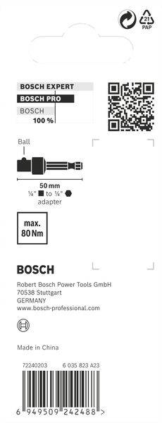 'Bosch Expert' Verpackungsetikett mit QR-Code. Anzeige der Produktspezifikationen: Ball, Adaptergrößen, Max. 80 Nm. Hergestellt von Robert Bosch Power Tools GmbH, Deutschland. Made in China.