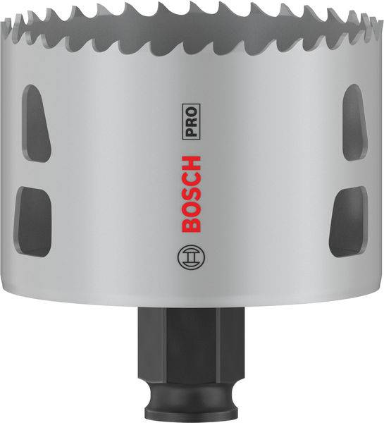 Bosch Pro Lochsäge mit gezackten Schneiden und schwarzem Schaft, geeignet für präzises Bohren in Metall und Holz.
