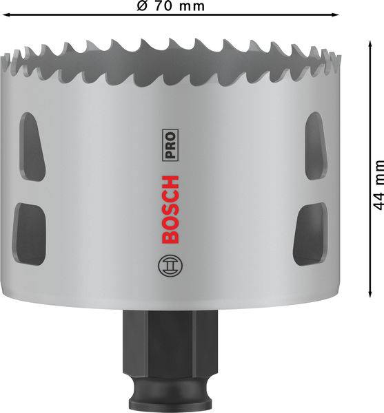 Bimetall-Lochsäge von Bosch Pro, Durchmesser 70 mm, Höhe 44 mm, geeignet für Metall und Holz, mit robustem Sägezahn-Design.
