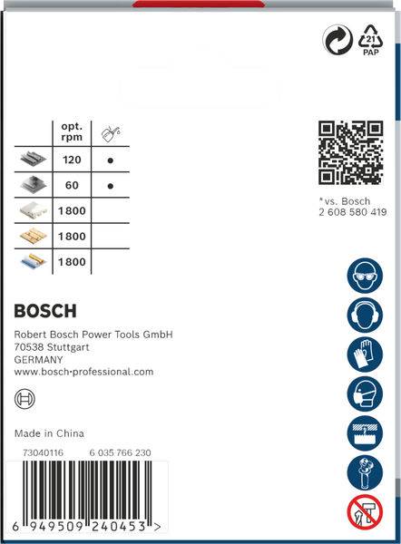 Verpackungsrückseite eines Bosch-Produkts mit technischen Spezifikationen zu Drehzahlen, Materialien und QR-Code mit Kontaktinformationen.