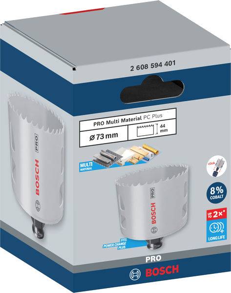 Bosch Lochsäge für Multi-Materialien, Durchmesser 73 mm, Schnittlänge 44 mm, 8% Kobaltanteil, lange Lebensdauer. Verpackung zeigt Werkzeug.