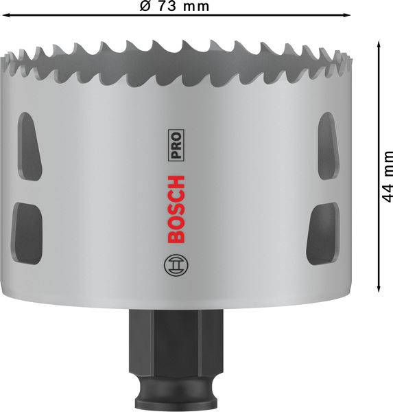Lochsäge mit der Aufschrift 'BOSCH PRO', Durchmesser 73 mm, Höhe 44 mm.