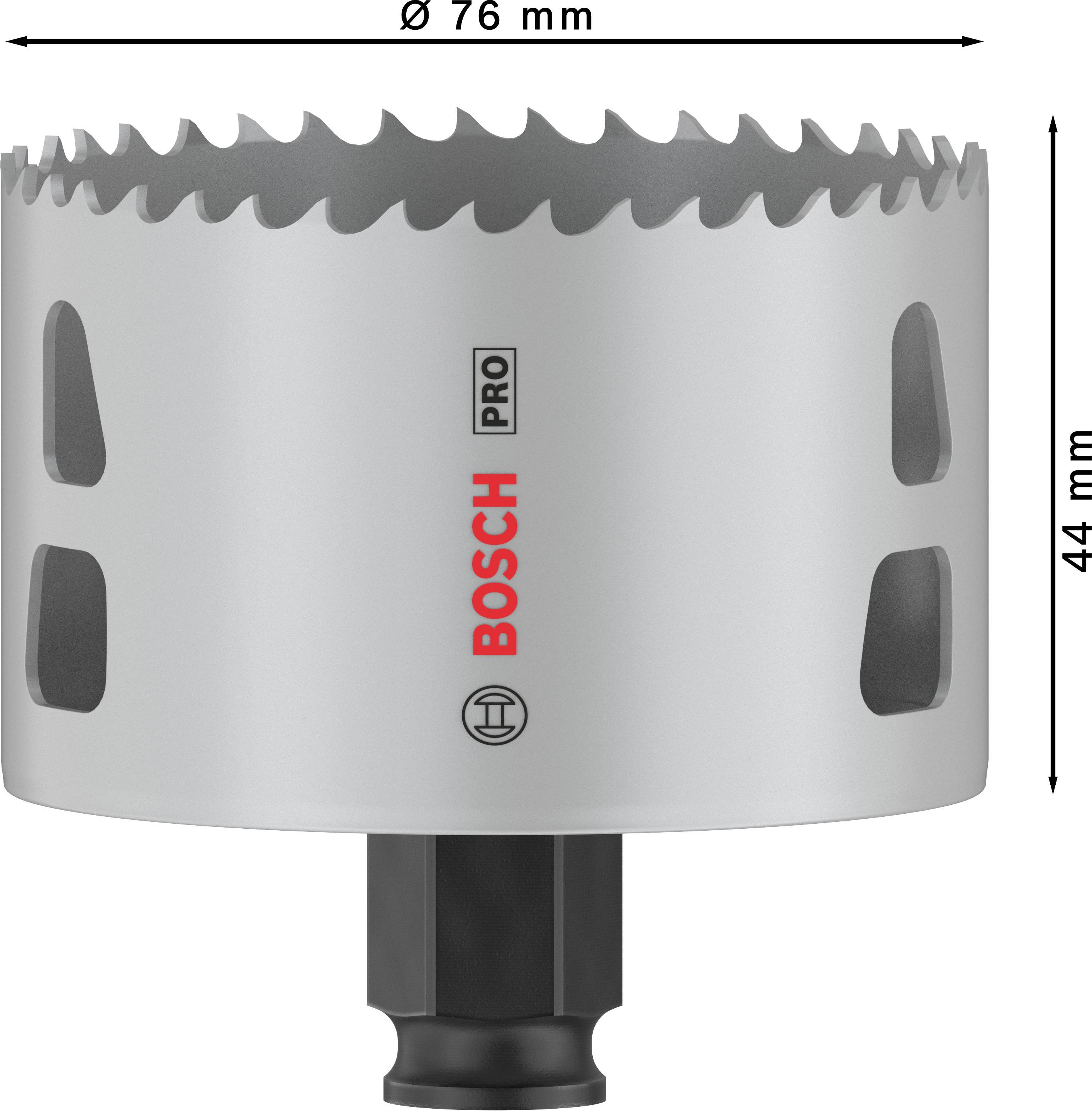 Bosch Pro Lochsäge mit Ø 76 mm, Tiefe 44 mm, silberfarben mit schwarzen Details.
