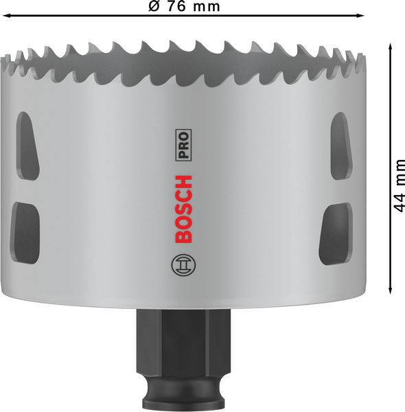 Silbersägekrone 'Bosch Pro' mit Lochdurchmesser 76 mm und Höhe 44 mm, geeignet für Schneidarbeiten in Holz und Metall.