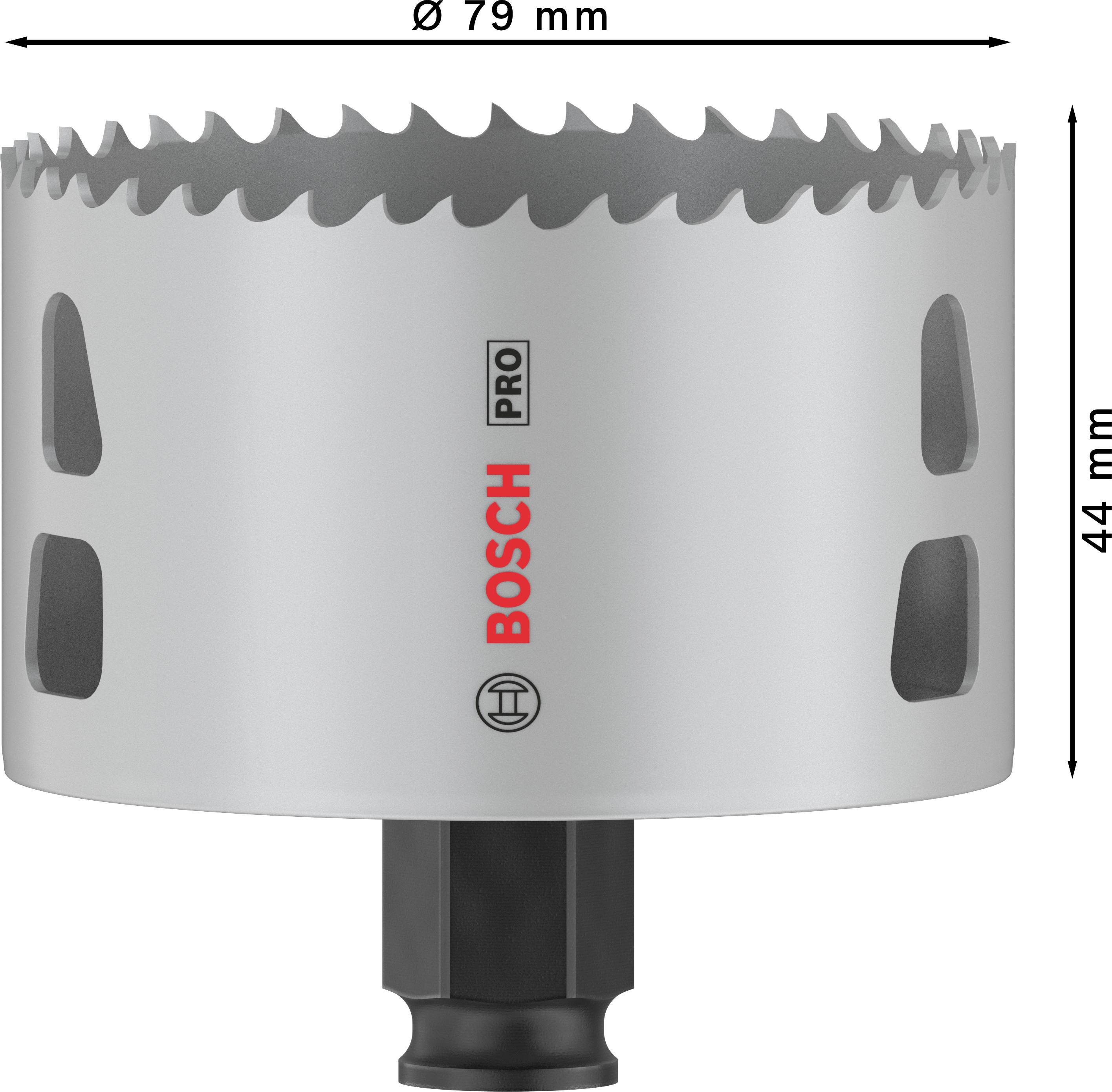 Kreissägeaufsatz, silberfarben, Durchmesser 79 mm, Höhe 44 mm, mit 'BOSCH PRO'-Logo, geeignet für den professionellen Einsatz.