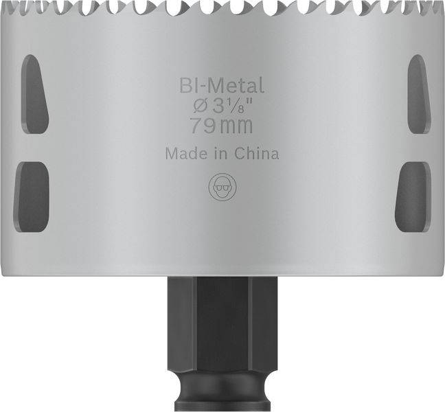 Bohrkrone aus Bi-Metall mit einem Durchmesser von 79 mm. Hergestellt in China.