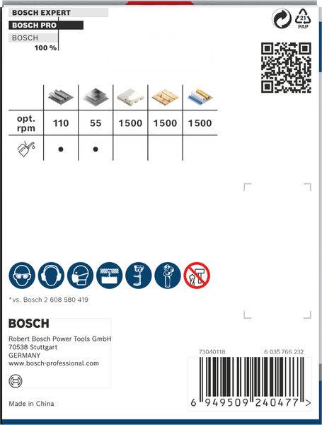 'Bosch Sägeblatttypen, Durchmesser: opt. 110, 55, 1500 U/min für Holz.' Icons für Materialien und Warnsymbole unten.