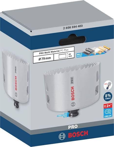 Verpackung einer Bosch Lochsäge, Durchmesser Ø 79 mm, für verschiedene Materialien. Enthält ikonische Symbole für Anwendung und Haltbarkeit.