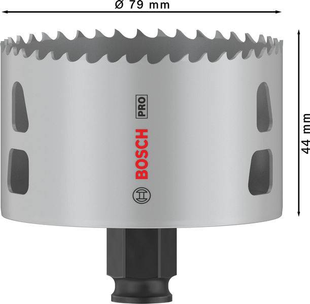 Bimetall-Lochsäge von Bosch Pro, Durchmesser 79 mm, Höhe 44 mm, mit Zahnung für Metallbohrungen.