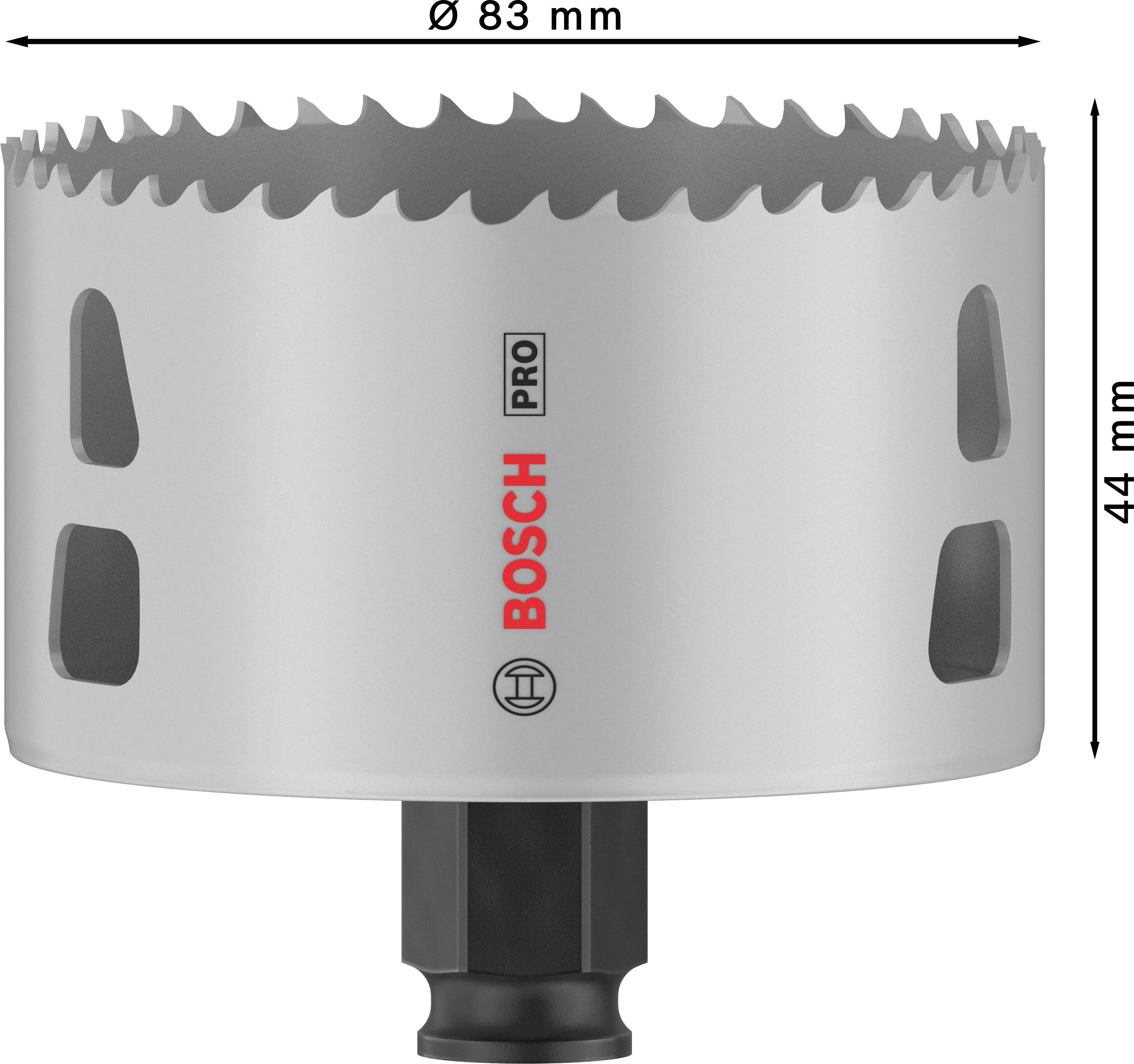 Bimetall-Lochsäge von Bosch mit einem Durchmesser von 83 mm und einer Höhe von 44 mm. Geeignet für Metall und Holzarbeiten.