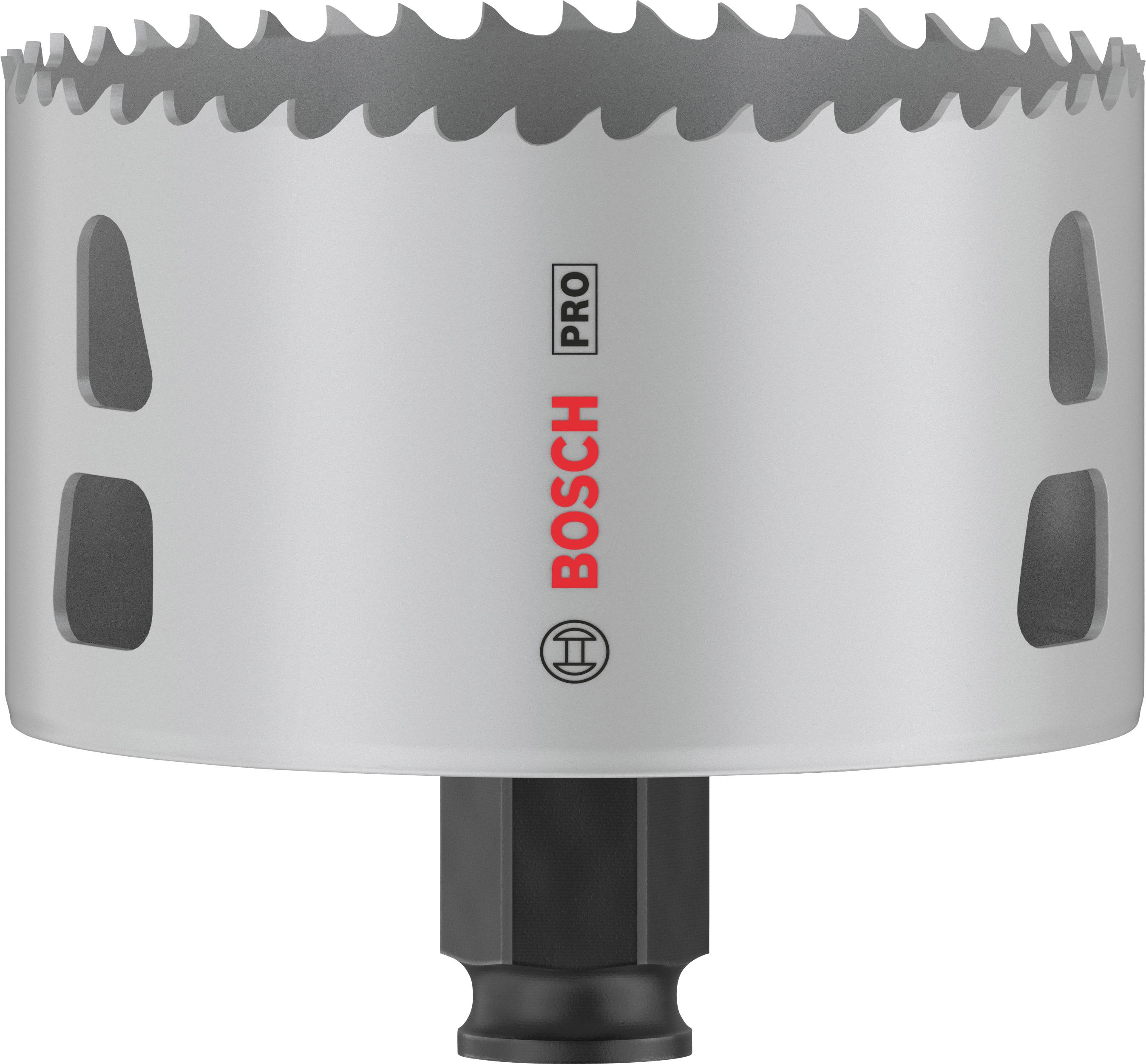 Graue Bosch-Lochsäge mit scharfen Zähnen, geeignet für professionelles Bohren in verschiedenen Materialien.