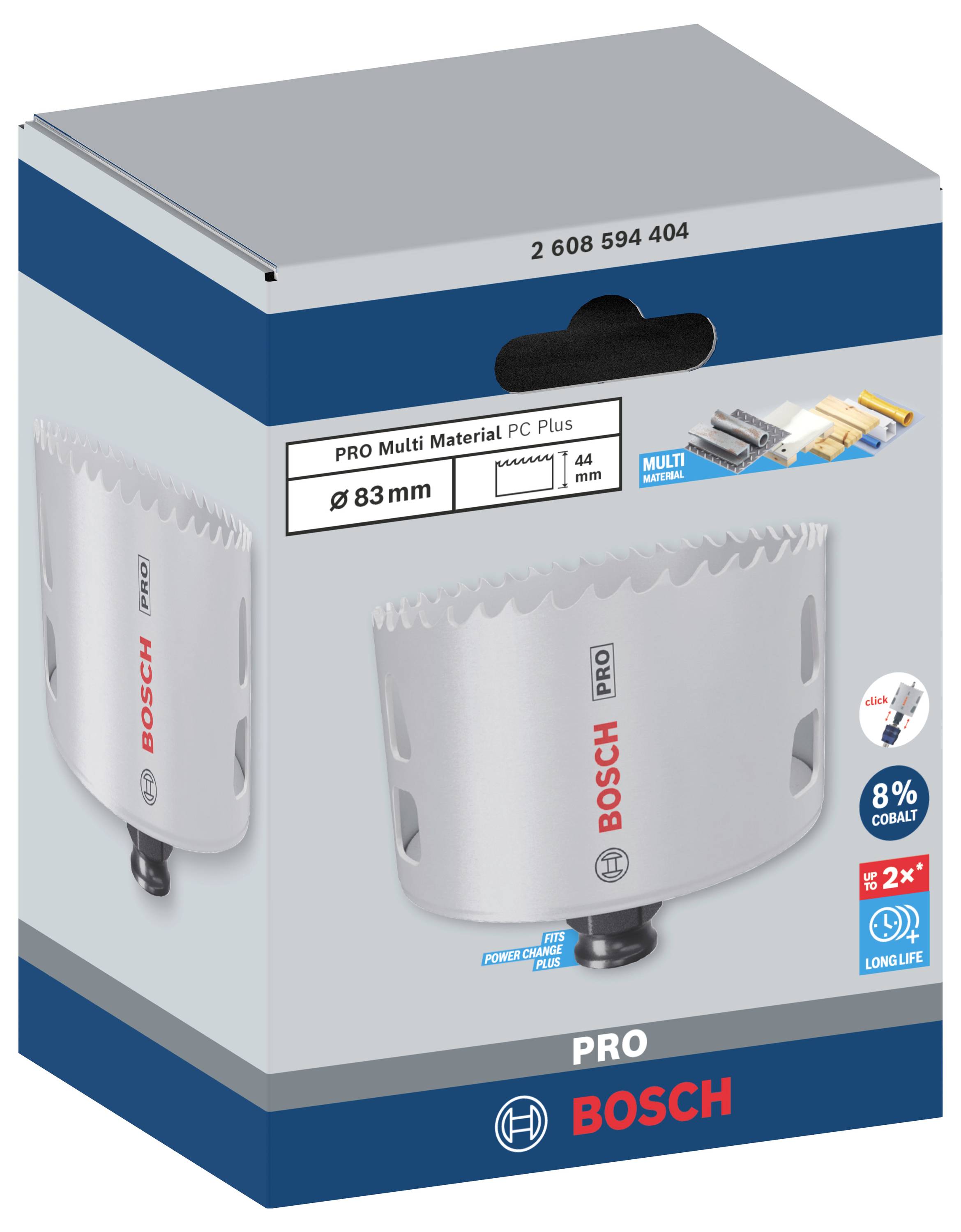 Eine graue Lochsäge der Marke Bosch, geeignet für Pro-Multi-Materialien, mit einem Durchmesser von 83 mm. Verpackung zeigt Schneidezähne.