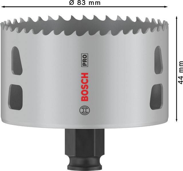Metallsägekrone mit einem Durchmesser von 83 mm und Höhe von 44 mm, Markenname 'Bosch' in Rot sichtbar, Grautöne.