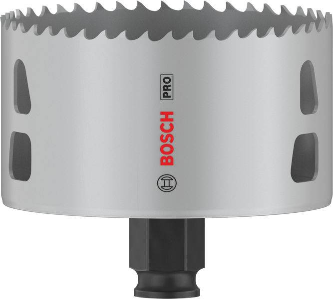 Metall-Lochsäge der Marke Bosch, silberne Farbe, mit zahnartiger Schneidkante und Befestigung für Bohrmaschine. Geeignet für präzise Bohrarbeiten.