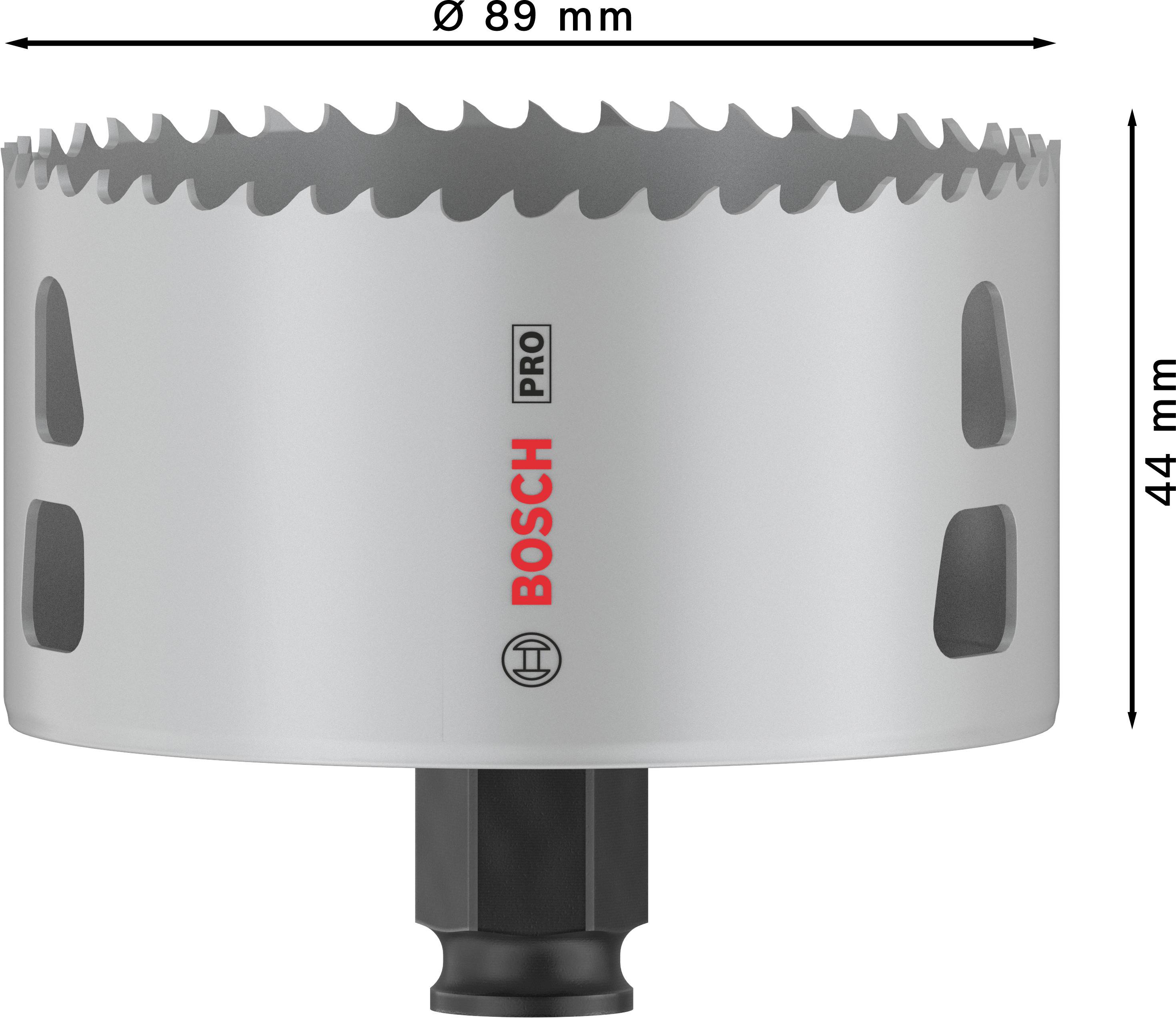 Lochsäge von Bosch mit einem Durchmesser von 89 mm und einer Tiefe von 44 mm. Graue Farbe mit rotem Logo und seitlichen Öffnungen.