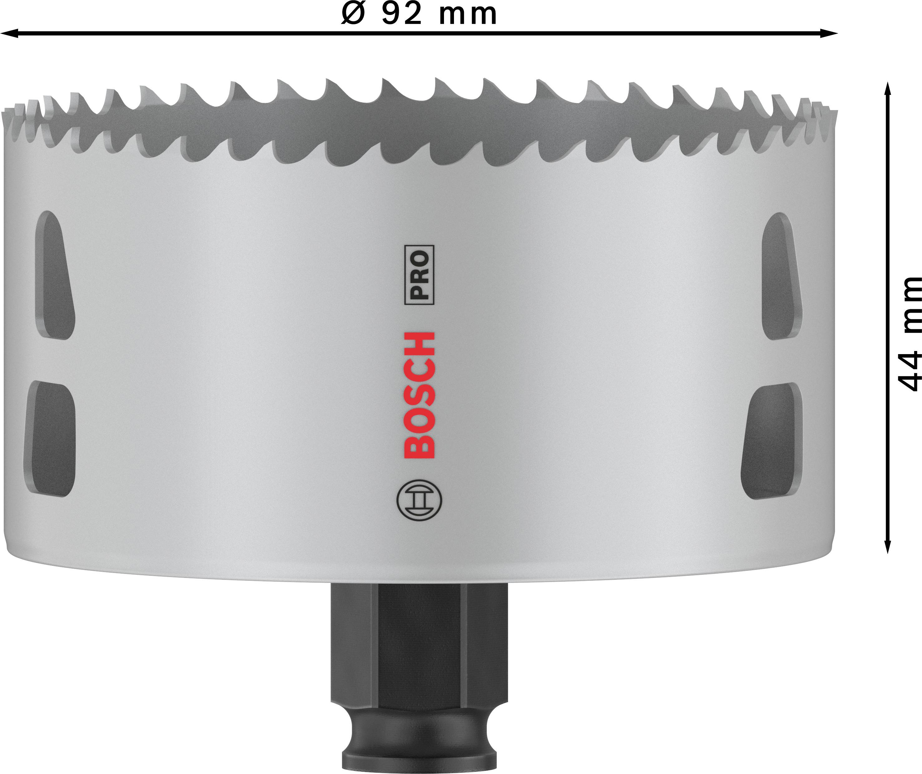 Lochsäge mit einem Durchmesser von 92 mm und einer Höhe von 44 mm, geeignet für präzises Bohren in diverse Materialien.
