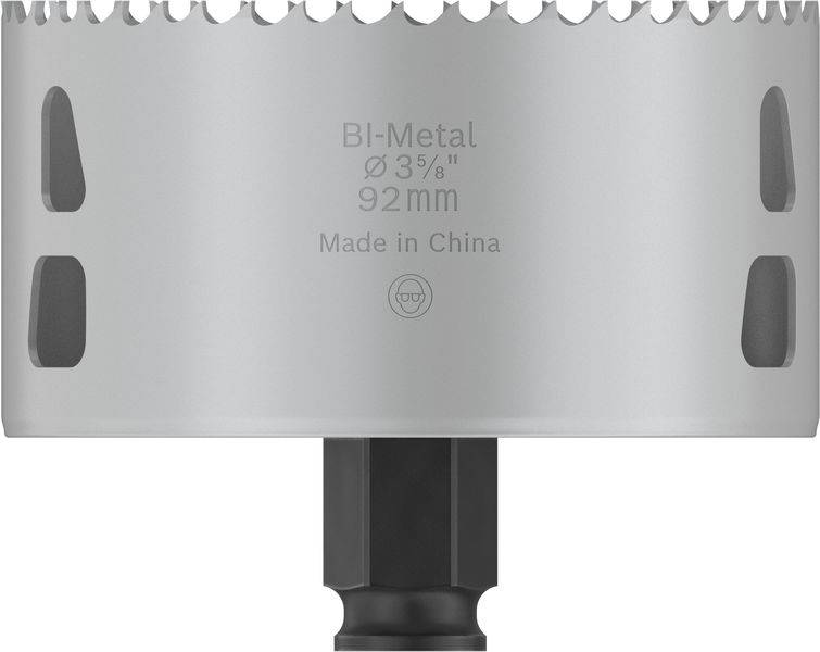 Metall-Bohrkrone aus Bimetall, Durchmesser 92 mm, hergestellt in China, mit gezahnten Rand zum Schneiden.