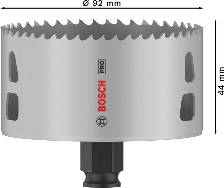 Metallsägekrone mit 92 mm Durchmesser und 44 mm Tiefe, Marke Bosch, zeigt gezackte Schneidkante und Belüftungsöffnungen an den Seiten.