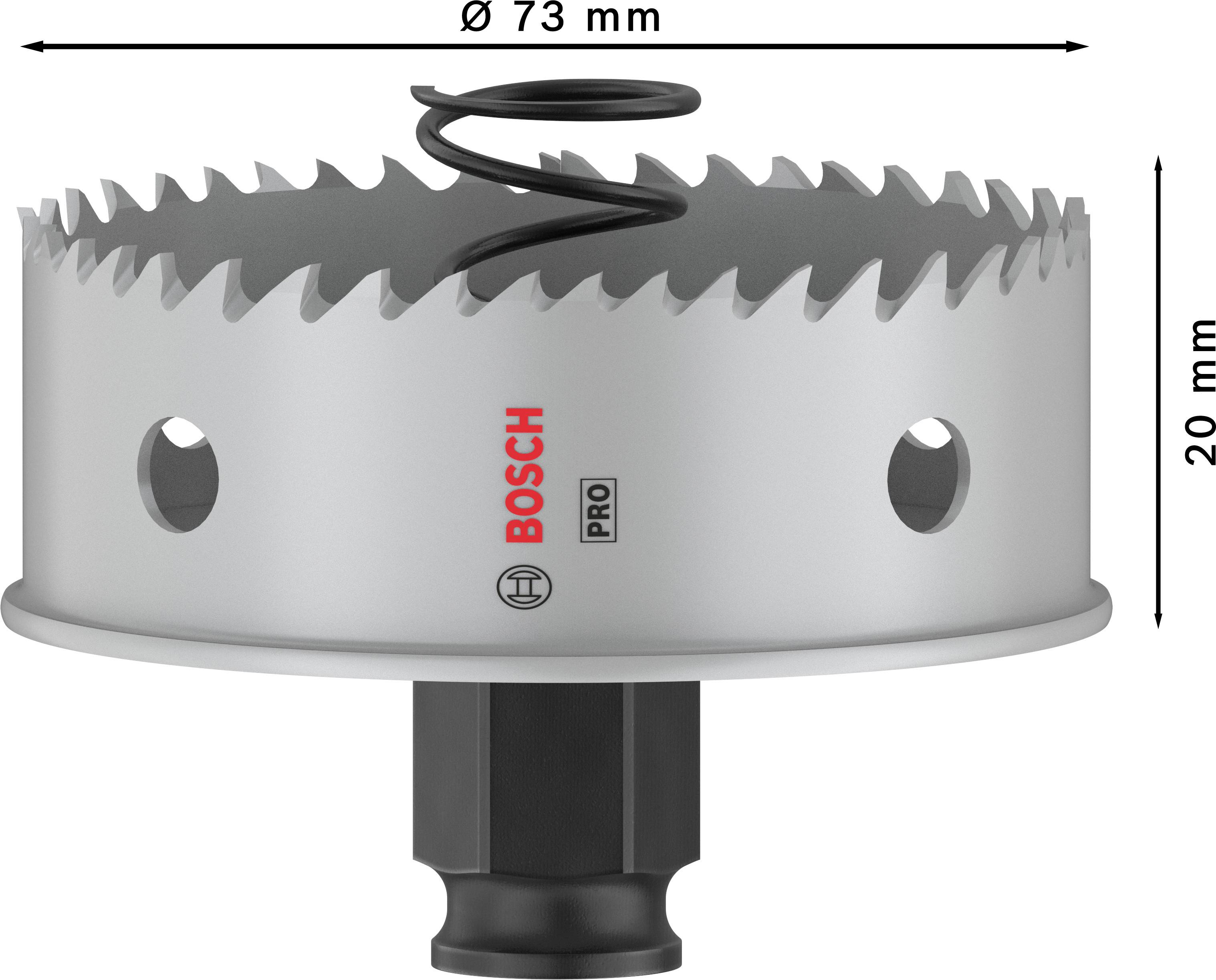 Lochsäge mit 73 mm Durchmesser und 20 mm Tiefe, markiert mit 'BOSCH' Logo, Feder und Befestigungsmechanismus sichtbar.