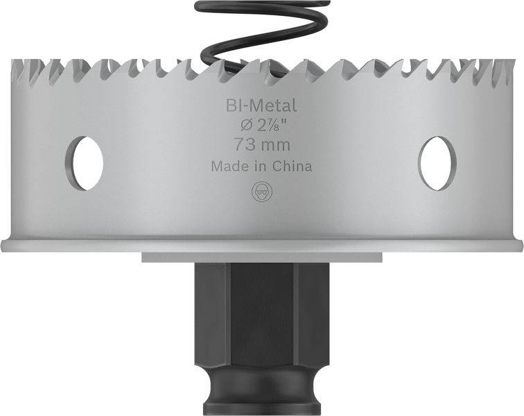 Schwarz-graue Metallsäge mit gezacktem Rand und zwei seitlichen Löchern. Beschriftung: 'BI-Metal Ø 2 7/8