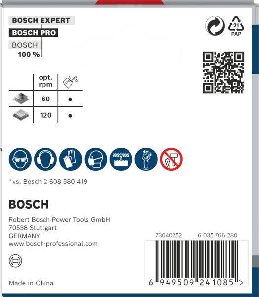 Etikett zeigt Bosch Bohrer-Bit mit QR-Code, Symbole für Verwendung und Recycling-Info. Hersteller: Bosch Power Tools GmbH, Stuttgart.