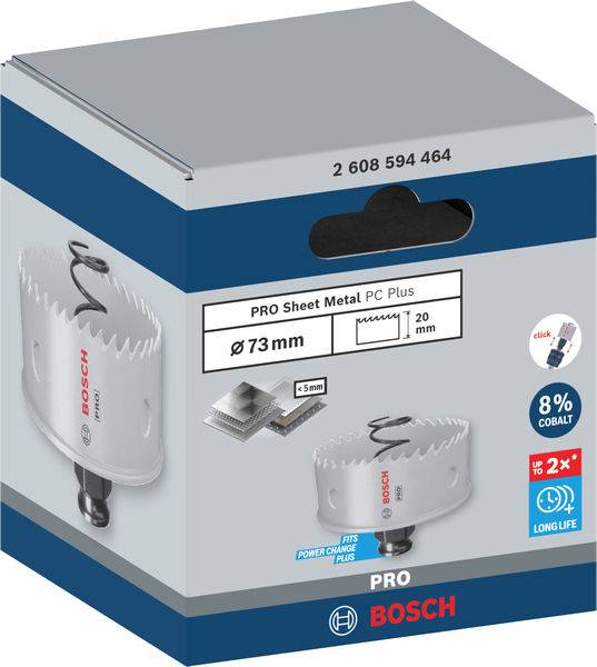 Verpackung einer Bosch Lochsäge für Blech, Durchmesser 73 mm, mit 8 % Kobaltanteil, langlebig und für Pro-Anwendungen geeignet.