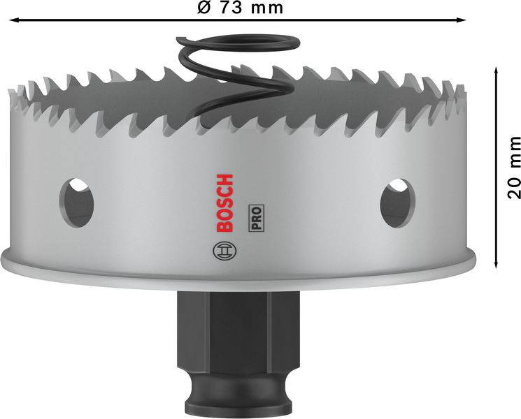 Metallsägekrone mit 73 mm Durchmesser, 20 mm Höhe, ausgestattet mit scharfen Zähnen; Marke 'Bosch PRO' sichtbar auf der Säge.