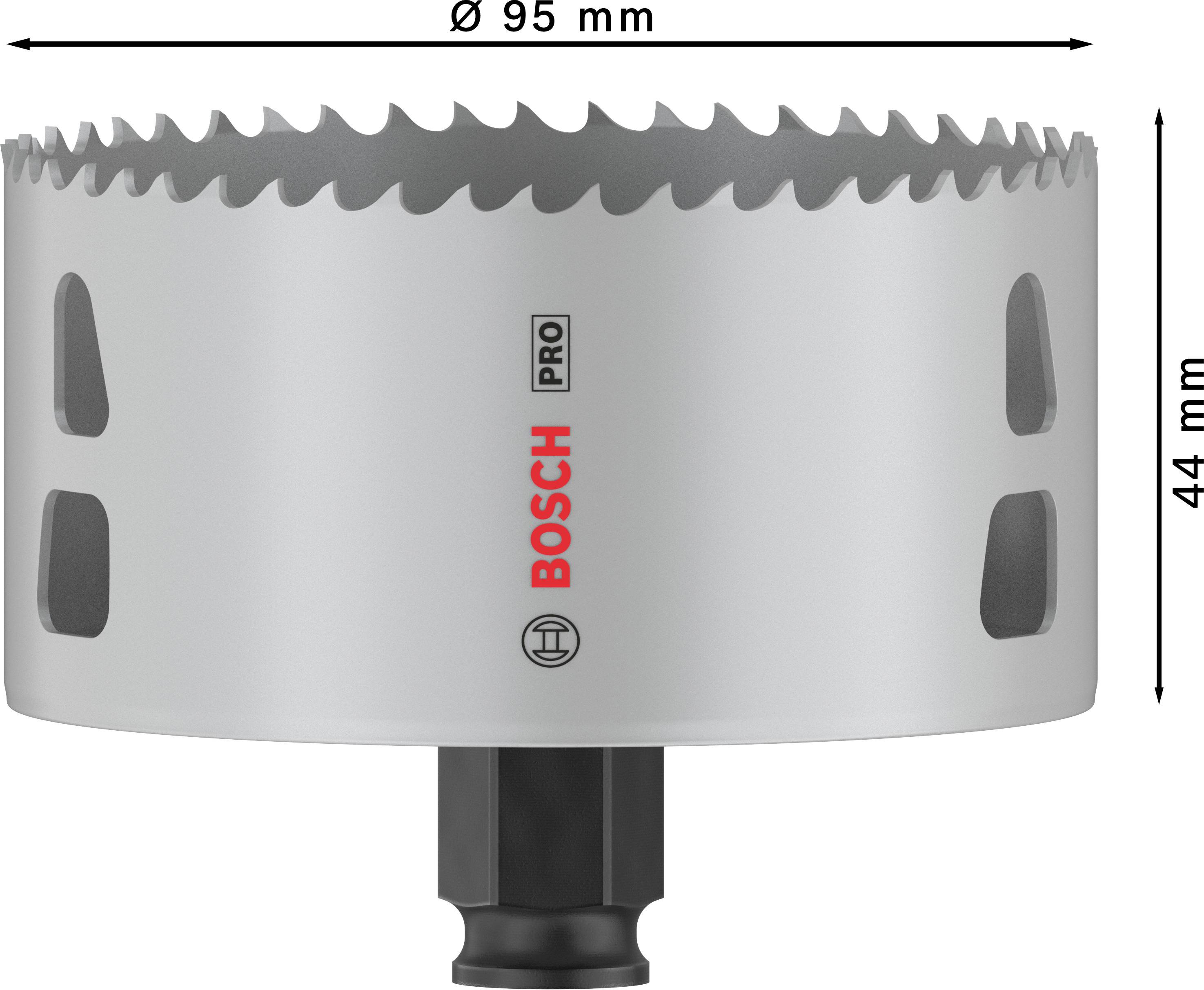 Graue Lochsäge von Bosch mit einem Durchmesser von 95 mm und einer Höhe von 44 mm, geeignet für professionelle Anwendungen.