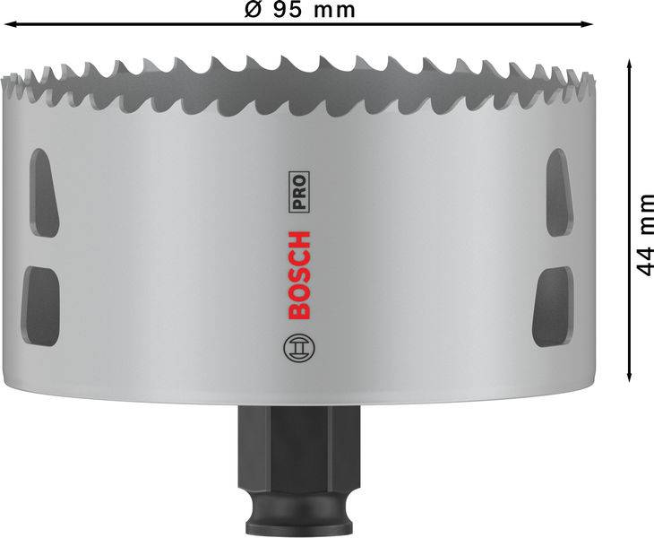 Bohrkrone von Bosch mit einem Durchmesser von 95 mm und einer Höhe von 44 mm. Geeignet für professionelle Anwendungen.